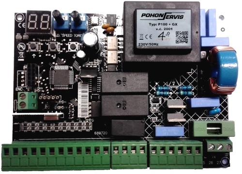 Digitální řídící elektronika P100 s displejem, 230V, vč. přijímače GX, procesorová pro 1motor (posuvné brány). 